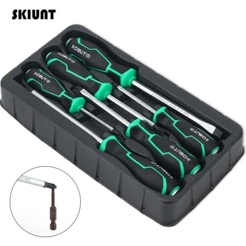 SKIUNT 6Pcs Magnetic Screwdriver Set Slotted Phillips Precision Bits Mandrel Rod CR-V Knockable Handle Repair Hand Tools Kits