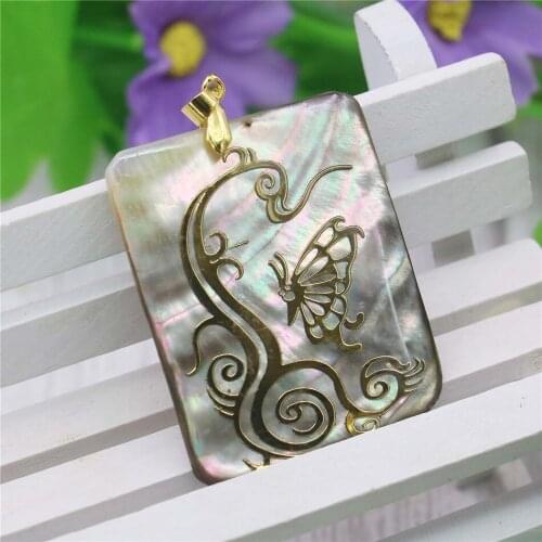 Alloy Rectangle Batterfly On Flower Natural Abalone Shell Pendant Silver-plated DIY Necklace Women Girl Jewelry Making Design
