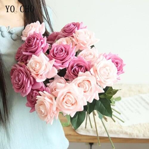YO CHO Artificial Flowers Fake Rose Silk Red Real Touch Roses Artificial Flowers Wedding Bouquet Home Garden Party Decoration