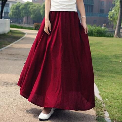 Long Skirts Womens Female Causal 10 Solid Color Elastic Waist Bohemian Linen Big Pendulum Circle A Line Cotton Skirt
