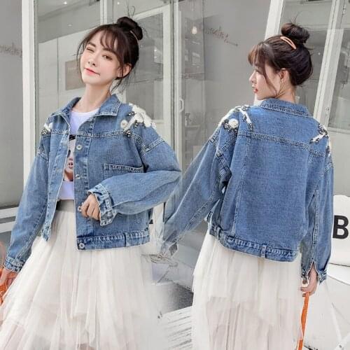 2020 Fashion Spring The New Loose Embroidery Beaded Denim Jacket Free Shipping