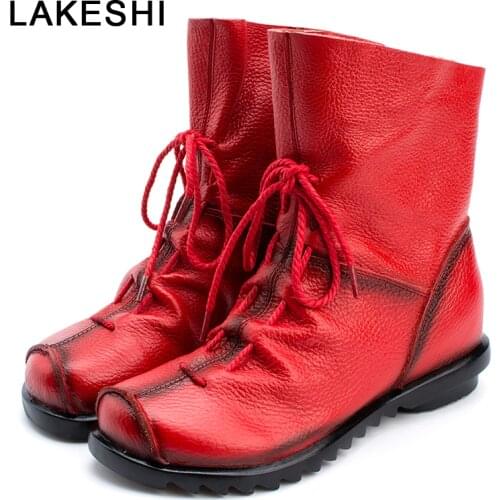 LAKESHI 2021 Vintage Style Genuine Leather Women Boots Flat Booties Cowhide Womens Shoes Front Zip Ankle Boots zapatos mujer