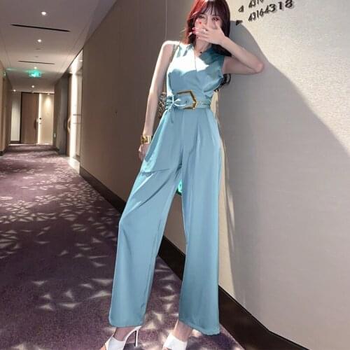 New arrival fashion holiday summer women OL temperament elegant satin sleeveless v-neck waistband slim wide-leg long jumpsuit