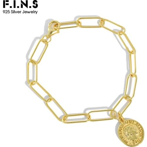 F.I.N.S Silver 925 Link Chain Bracelet Golden 925 Sterling Silver Bracelets for Women Portrait Coin Pendant Charm Bracelets