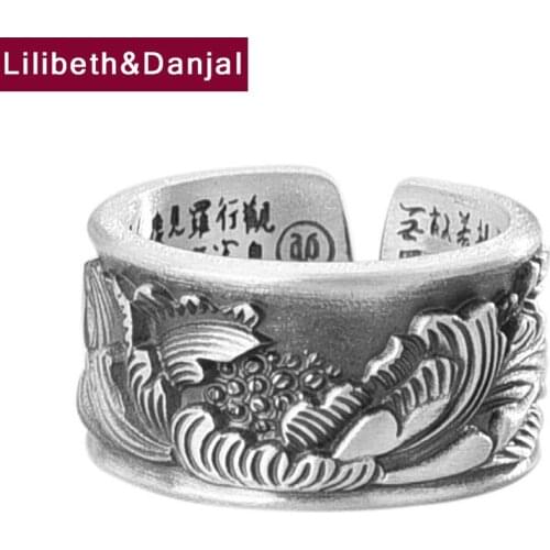 Frosted Style Adjustable Ring Pure S999 Sterling Silver Plant Flower Leaves Heart Sutra Jewelry Women Men Ring 2021 Designer R59