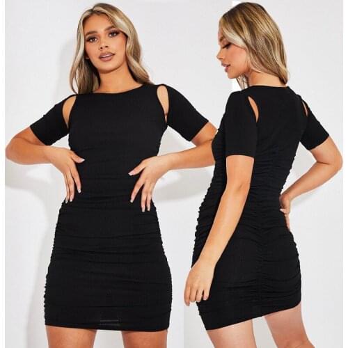 Women Robe Femme Summer Solid Color Pencil Dresses Hollow Out Shrinkage O-Neck Short Sleeve Slim Hips Dress For Woman Vestidos