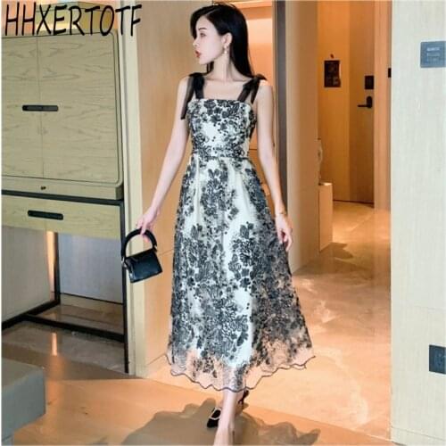 2020 Summer Sequined Long Dress Runway Womens Mesh Floral Embroidery Party Dresses Sexy Spaghetti Strap Vestidos