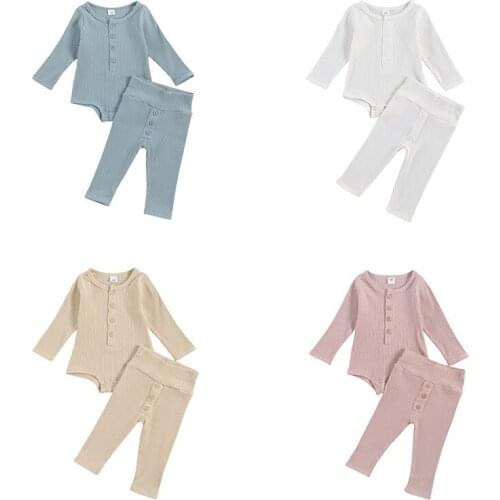 4Styles Newborn Toddler Baby Boy Girl Autumn 2Pcs Clothing Set Long Sleeve Solid Cotton Romper Top Pant Outfit 0-24M