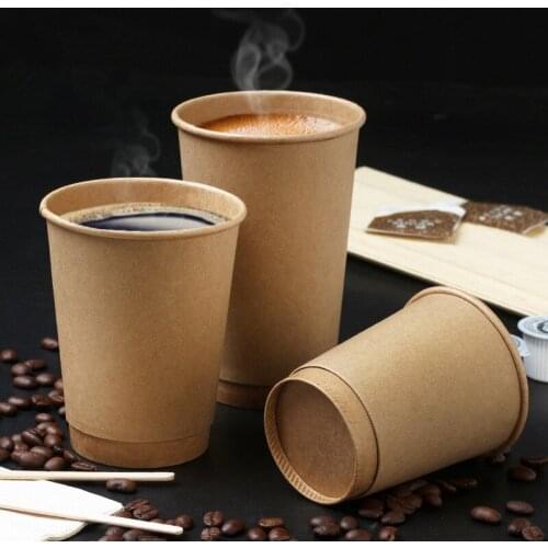 50pcs Thick Kraft Paper disposable coffee paper cup double hollow milk tea hot drink packaging cups with lid takeaway packages