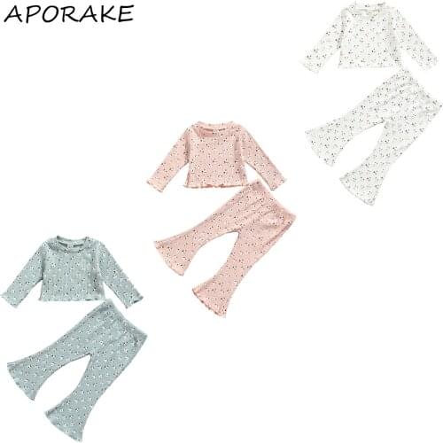 2021 0-4Y Kids Baby Girl Clothing Toddler Floral Print Round Neck Long Sleeve Blouse+ Flared Pants Sweet Spring Fall 2pcs