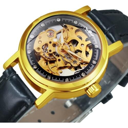 WINNER 2019 Fashion Vintage Golden Skeleton Auto Mechanical Women Watches Leather Strap Rhinestone Elegant Ladies Wrist Watches