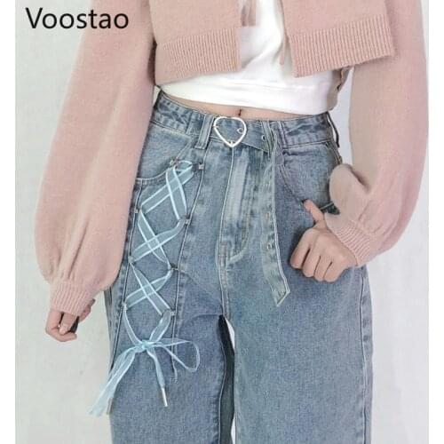 Sweet High Waist Jeans Women Chic Bandage Straight Denim Pants Gothic Streetwear Loose Trousers Female Wide Leg Jeans With Belt