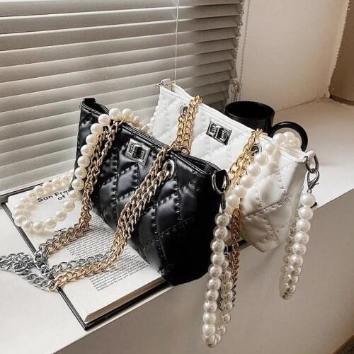 Lattice Square Tote Armpit Bag 2021 Summer New Quality PU Leather Womens Designer Handbag Pearl Chain Shoulder Messenger Bag