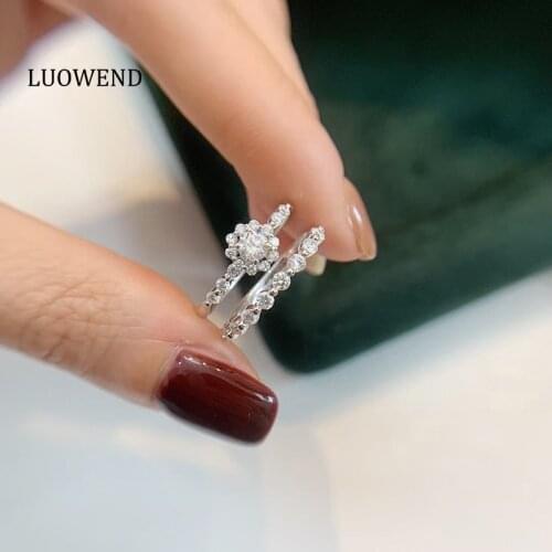 LUOWEND 18K White Gold (AU750) Engagement Ring Classic Halo Gold Bridal Set Rings Elegant Natural Diamond Ring for Women Wedding