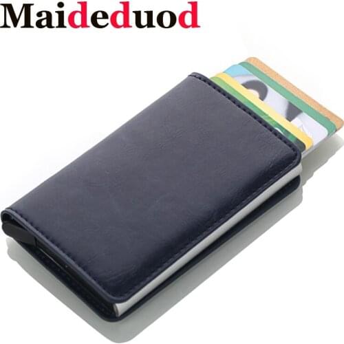 Maideduod NEW Men And Women Credit Card Holder RFID Aluminium Business Card Holder Crazy Horse PU Leather Travel Card Wallet