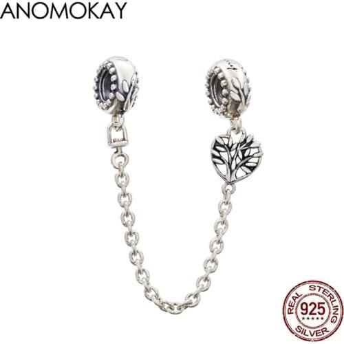 Anomokay Fashion Openwork Heart Tree of Life Silver Safety Chain fit Bracelet Bangle Real 925 Silver Plant Clasp Charm Jewelry