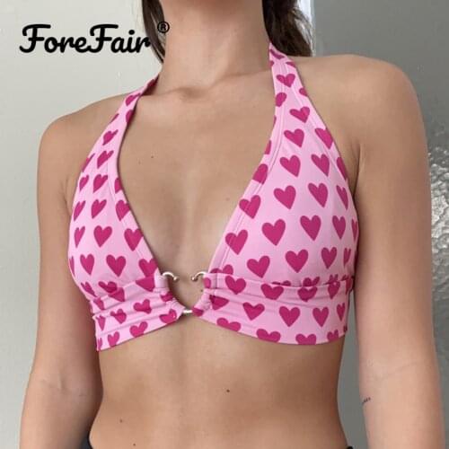 Forefair Y2K Fashion Love print Women Halter Crop Top Off Shoulder Bandage Sleeveleess V Neck Outfits Female Sexy Tank Tops