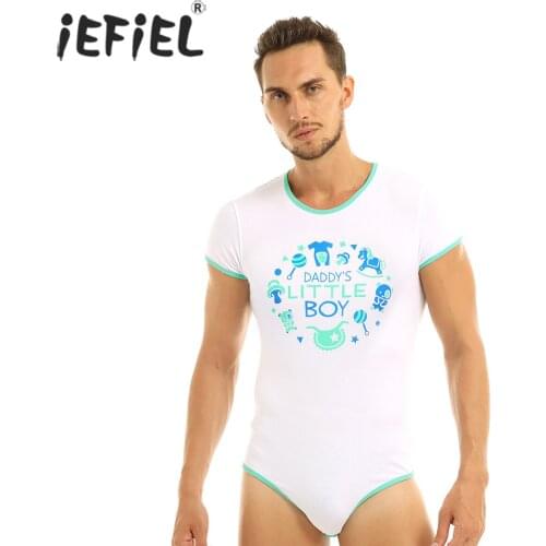 Men Adults Daddys Baby Lover Lingerie Teddies AB Role Players Costume Press Button Crotch Front Printed Bodysuit Romper Pajamas
