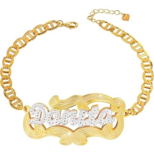 Personalized 3D Name Bracelet Two Tone Heart Name Bangle Custom Double Layer Heart Gold Plated Name Bracelet For Women Jewelry