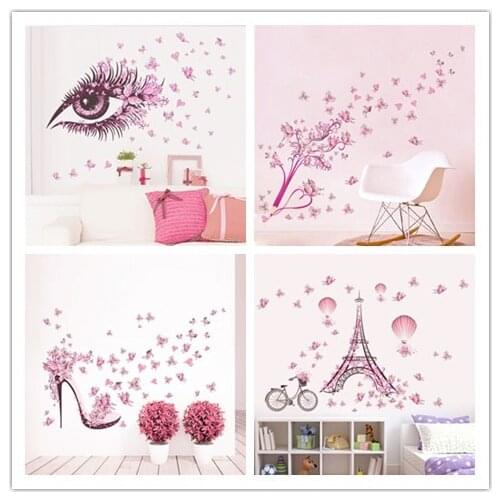 Romantic eyes tower flying flower High heels butterfly wall sticker home decor wall mural girls bedroom decoration