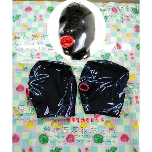 Sexy Black Latex Rubber Hood with Red Mouth Inner Condom