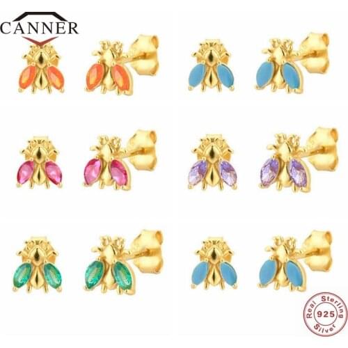 CANNER Small Bee 925 Sterling Silver Stud Earrings for Women Colorful Cubic Zirconia Piercing Earring Jewelry Gift Pendientes