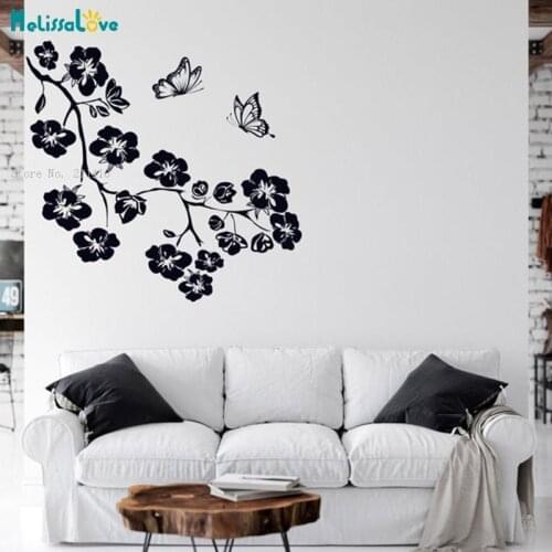 Branch With Flowers Wall Stickers Butterfly Home Decor Vinyl Decals for Living Nursery Bedroom Simple Murals YT6276