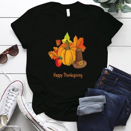 Happy Thanksgiving Pumpkin Print Tshirts Women Casual Short Sleeve O-neck Loose Thanksgiving Day Shirt Woman Top Tee Shirt Femme