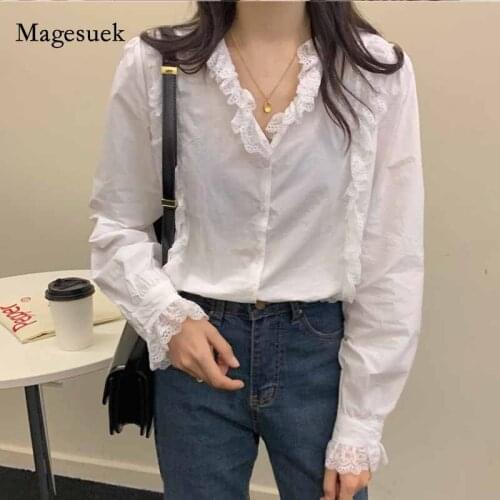 2020 Autumn All-match Sweet Lace Stitching Long Sleeve Womens Blouse Korean Style V-Neck Solid Puff Sleeve Shirt Blusas 10863