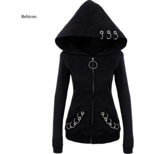 Women Hoodies Long Gothic Punk Iron Rings Black Loose Hood Jacket Zipper Coat Casual Sweatshirt Tracksuit