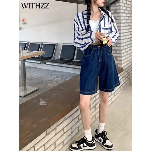 WITHZZ Spring Summer Womens High Waist Loose Adjustable Waist Buckle Wide Leg Jeans Denim Shorts