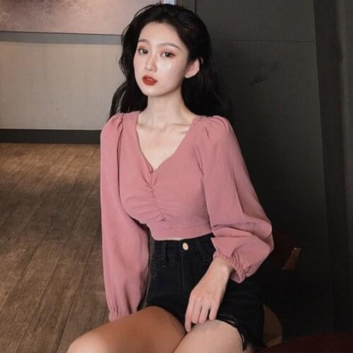 HStar Womens solid Tops Blouses Korean Sexy Corp Top V Neck Puff Sleeve Short Shirts Vintage Blouse Casual Pullovers