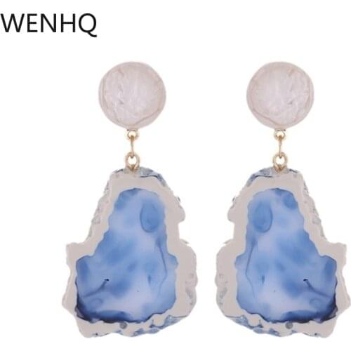 WENHQ Korean Style Blue Color Resin Clip on Earrings No Pierced for Women Fashion Statement Cuff Earrings Jewelry Accessory New