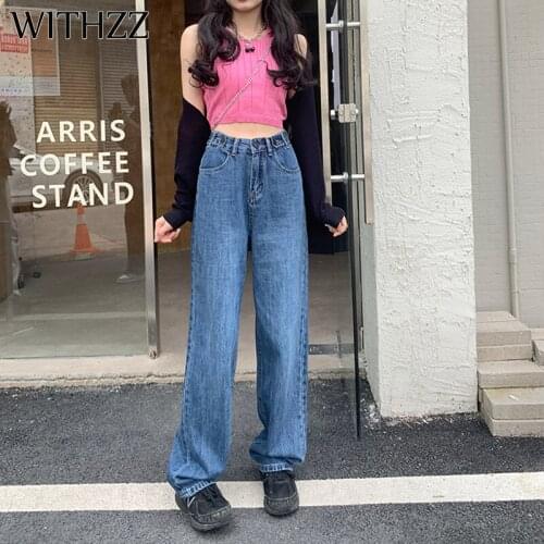 WITHZZ Spring Autumn Women Loose Waist Buckle Straight Pants Blue Denim Casual High Waist Female Jeans