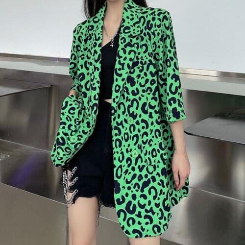 Harajuku Womens Summer Thin Green Leopard Print Loose Mid-length Short Sleeve Small Suit Fried Street Top Suit Jacket y2k