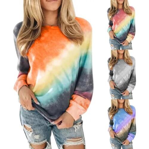 Women Casual Long Sleeve O Neck Tie Dye Loose Pullover Sweatshirt Top Blouse Shirt Female Solid Sweatshirt Female Top 2XL