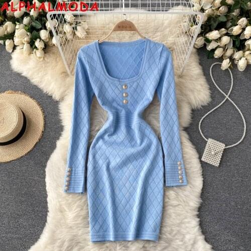 ALPHALMODA 2021 New Lattice Knitted Dress Square Collar Slim Fit Buttons Details Women Trendy Autumn Knit Dress Outfit