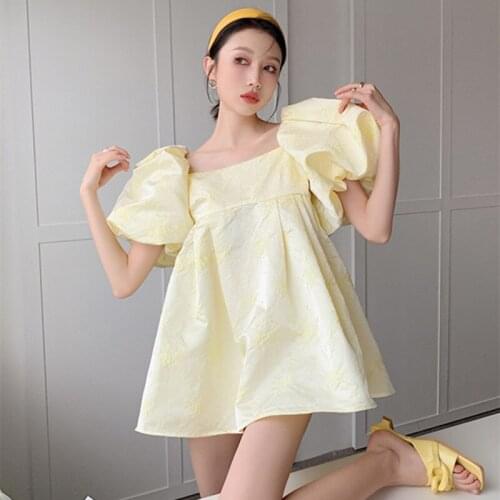 FALLINGSTAR 2021 Summer New Sweet Puff Sleeve A-line Dress Fashion Cute Square Neck Jacquard Loose Princess Mini Dress Vestidos