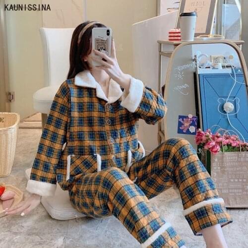 Winter Thick Pajama Suit Women Plaid Homewear Set Long Sleeve Full Trouser Pockets Button Two Piece Pijama Sleepwear