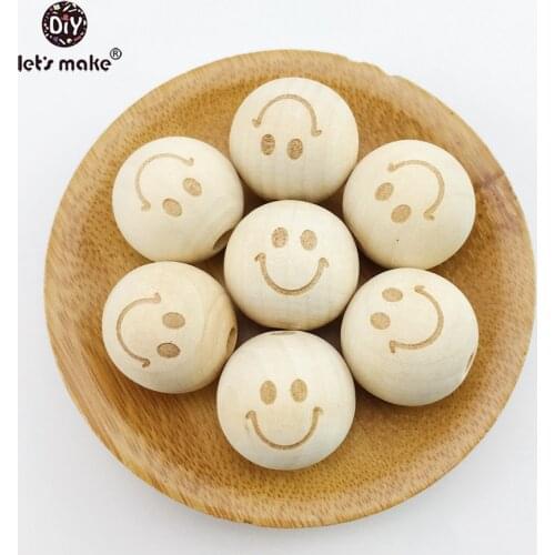 Lets Make Engraved Smiley Wooden DIY Chewable Beads 10pc BPA Free Teething Beads For Nursing Necklace 20mm Wooden Teether Beads