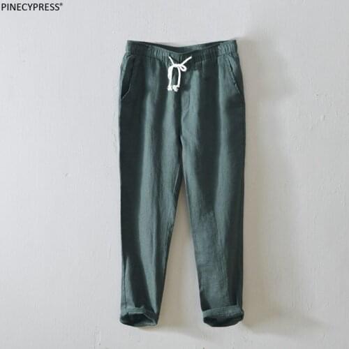 100% Linen Breathable Anti-static Quick Drying Flax Cool Spring Summer Man Trousers Ankle Length Men Casual Ninth Pants