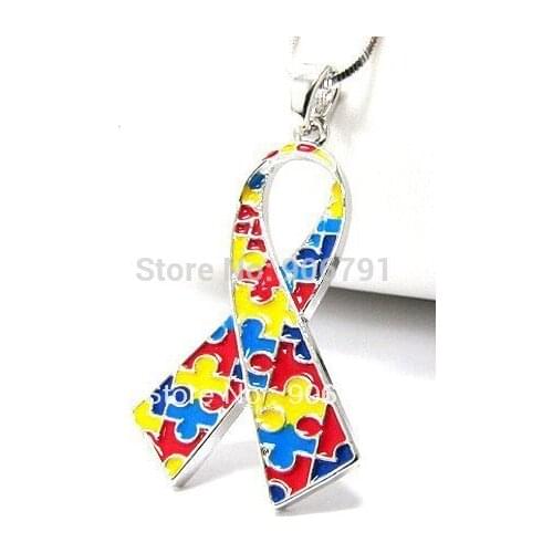 5pcs a lot fashion enamel rhodium plated color puzzle on cancer ribbon pendant necklace