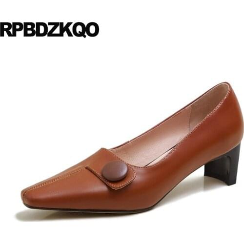 Abnormal Size 33 Medium Heels Ladies Brown 2021 Genuine Leather Fashion Shoes Brand High Strange Chunky Pumps Square Toe Novelty