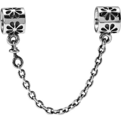 Genuine 925 Sterling Silver Bead Charm Floral Flower Lock Safety Chain Beads Fit Women Pan Bracelet & Necklace Diy Jewelry