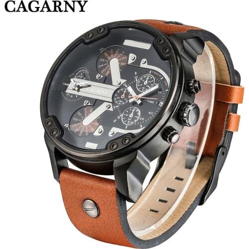 Cool Big Case Mens Watch Date Dual Times Analog Quartz Watch Men Brand Cagarny Leather Strap D6820 Miltiary Relogio Masculino