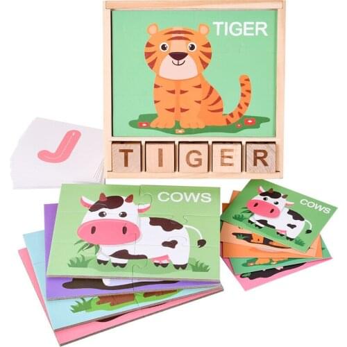 Wooden Toys Children Jigsaw Puzzle Animal English Alphabet Learning Baby Boys Girls Toddler Early Montessori Education 3D Blocks