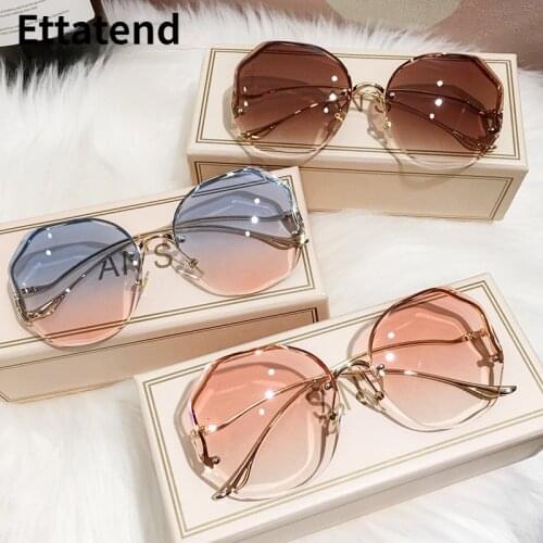 Ettatend 2021 Fashion Rimless Sunglasses Women Ocean Lens Metal Curved Temples Sun Glasses Vintage Shades for Female UV400
