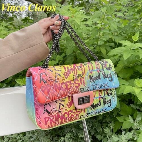 Colorful Graffiti Inkjet Messenger Bags Chain Crossbody Bags for Women Designer Pu Leather Shoulder Bag Sac Bolsa Large Clutch