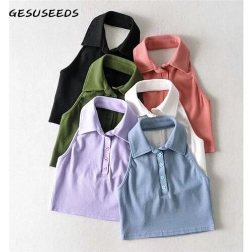 Summer crop top sexy sleeveless tops women 2020 halter tops ladies turn down collar top solid backless cropped top ribbed