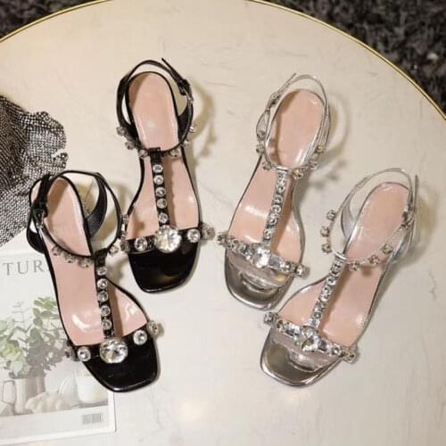INS hot new arrive woman summer big diamonds T strap open toe chunky heel sandal rhinestones T strap chunky heel crystal sandal